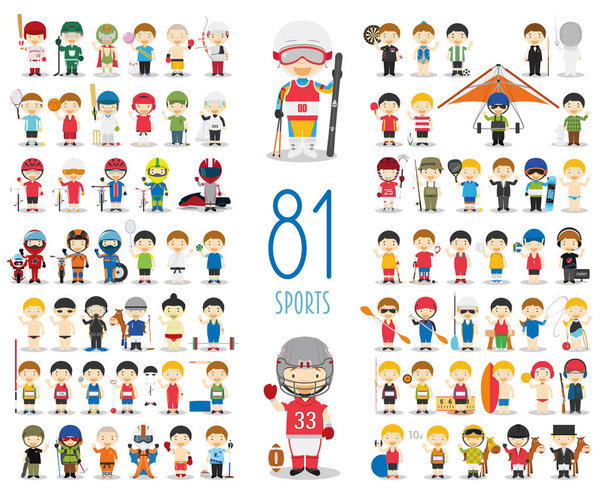 Набор из 81 вида спорта в стиле мультфильма. Векторная иллюстрация персонажей
