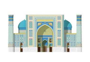 Sher Dor Madrasah, Registan (Samarkand, Uzbekistan). Isolated on white background vector illustration.