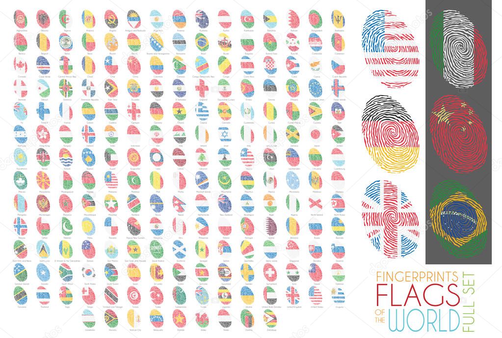 Set of 204 fingerprints colored with the national flags of all the sovereing countries of the world. Icon set Vector Illustration.