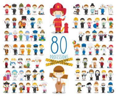 Covid 19 Health Emergency Special Edition: Set of 80 different professions with surgical masks and latex gloves in cartoon style. clipart