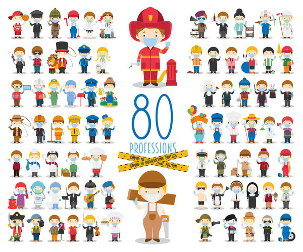 Covid 19 Health Emergency Special Edition: Set of 80 different professions with surgical masks and latex gloves in cartoon style.