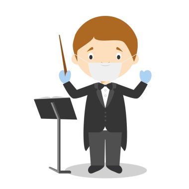 Cerrahi maskeli ve lateks eldivenli bir orkestra direktörünün hoş bir çizgi film çizimi.