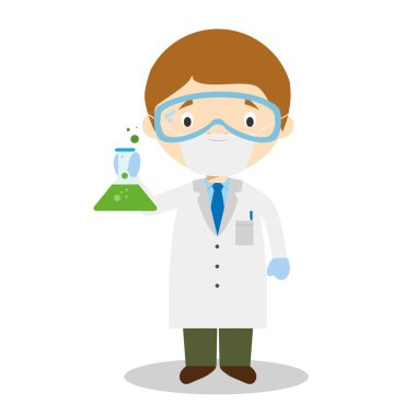 Cerrahi maskeli ve lateks eldivenli bir bilim adamının, acil bir sağlık durumundan korunmak için çizilmiş şirin bir çizim çizimi.