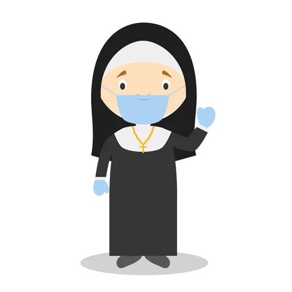 Ilustrasi Kartun Lucu Dari Seorang Biarawati Dengan Masker Bedah Dan - Stok Vektor