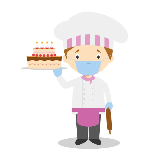 Lindo Vector Dibujos Animados Ilustración Chef Pastelería Con Máscara Quirúrgica — Vector de stock