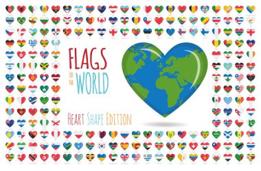 Dünyanın tüm egemen ülkelerinin bayrakları 204 kalp şeklinde dizildi. Simge Vektör Resmini Ayarla.