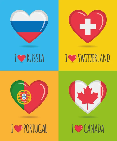 Liefdevolle Kleurrijke Posters Van Rusland Zwitserland Portugal Canada Met Hartvormige — Stockvector