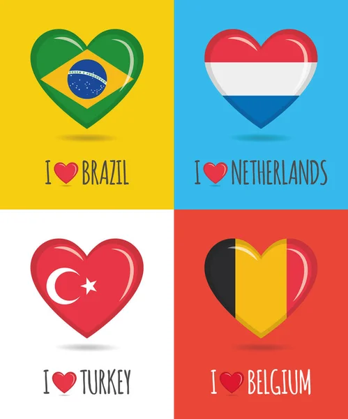 ブラジル オランダ トルコ ベルギーの愛とカラフルなポスターハート型の国旗とテキストベクトルイラスト — ストックベクタ