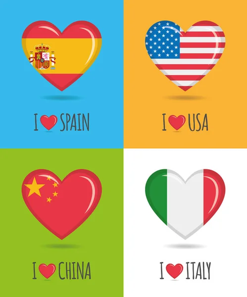 ハート型の国旗とテキストでスペイン アメリカ イタリアの愛とカラフルなポスターベクトルイラスト — ストックベクタ