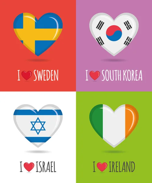 Liebevolle Und Farbenfrohe Plakate Von Schweden Südkorea Israel Und Irland — Stockvektor