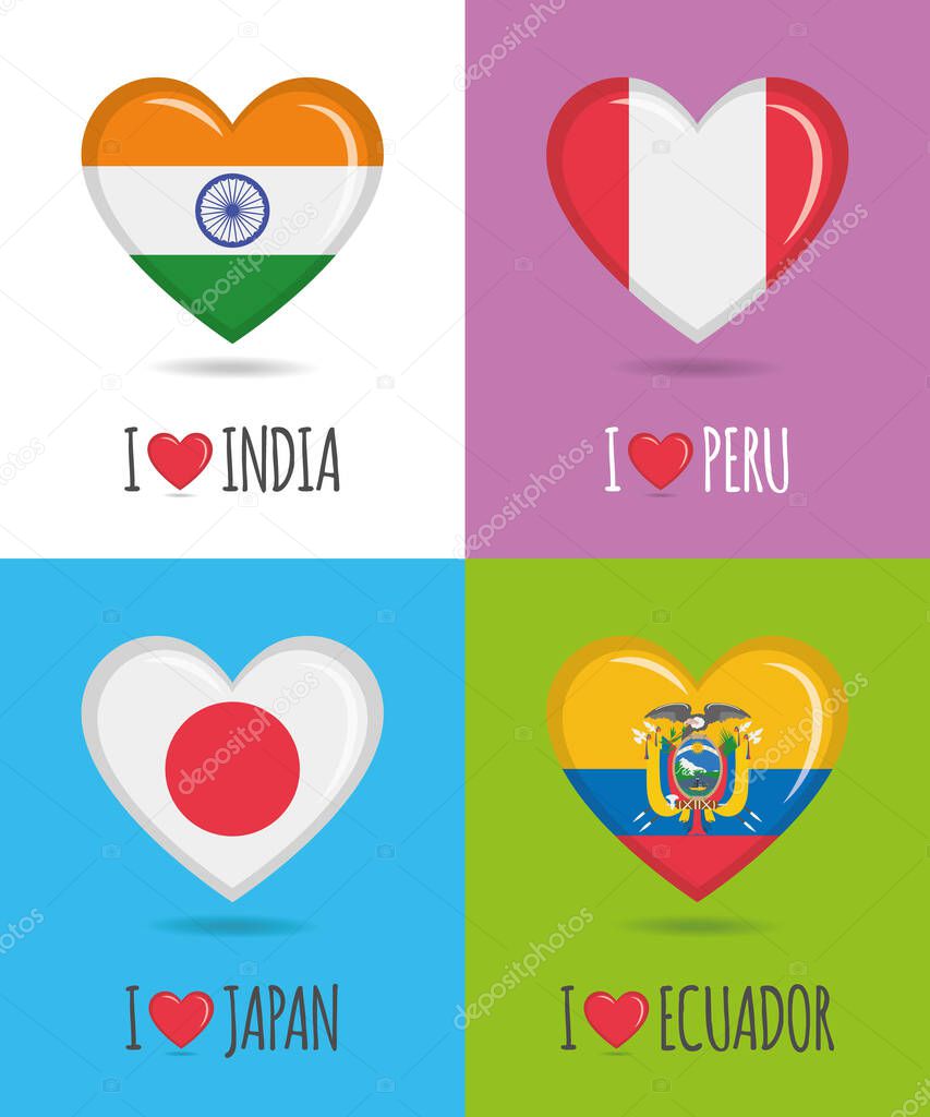 Loving and colorful posters of India, Peru, Japan and Ecuador with heart shaped national flag and text Vector illustration
