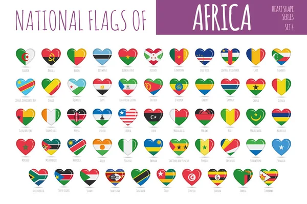 Conjunto Banderas Forma Corazón Los Países África Icono Conjunto Vector — Archivo Imágenes Vectoriales