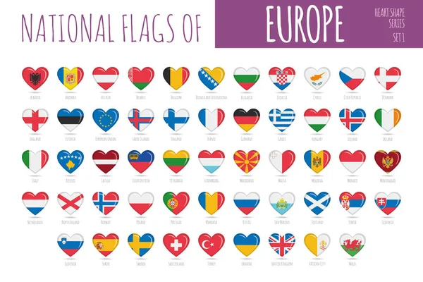 Conjunto Bandeiras Forma Coração Dos Países Europa Ícone Conjunto Vector — Vetor de Stock