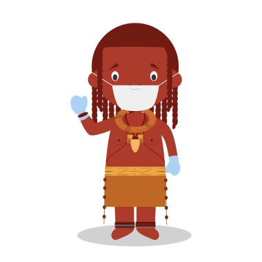 Angola 'dan (Himba Kabilesi) geleneksel yöntemlerle giyilen ve acil bir sağlık durumundan korunmak için cerrahi maske ve lateks eldivenli karakter.
