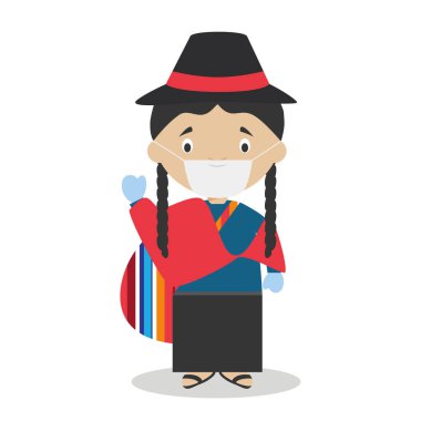 Ekvador karakteri geleneksel şekilde giyinmiş ve acil durumlar için cerrahi maske ve lateks eldiven takmış.