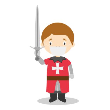 Malta 'lı karakter geleneksel bir Malta savaşçısı gibi giyinmiş ve ameliyat maskesi ve lateks eldivenle acil bir duruma karşı korunuyor.