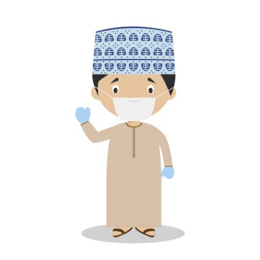 Character from Oman dressed in the traditional way and with surgical mask and latex gloves as protection against a health emergency clipart