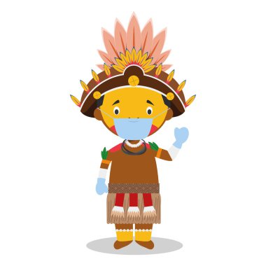 Papua Yeni Gine 'den (Dani Kabilesi) geleneksel şekilde giyinmiş ve acil bir sağlık durumundan korunmak için cerrahi maske ve lateks eldivenli bir karakter.