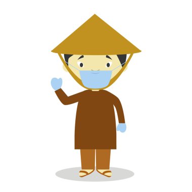 Vietnam 'dan gelen geleneksel kıyafetlerle, cerrahi maske ve lateks eldivenlerle acil durumlara karşı korunan bir karakter.