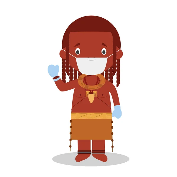 Personaje Angola Tribu Himba Vestido Manera Tradicional Con Máscara Quirúrgica — Archivo Imágenes Vectoriales