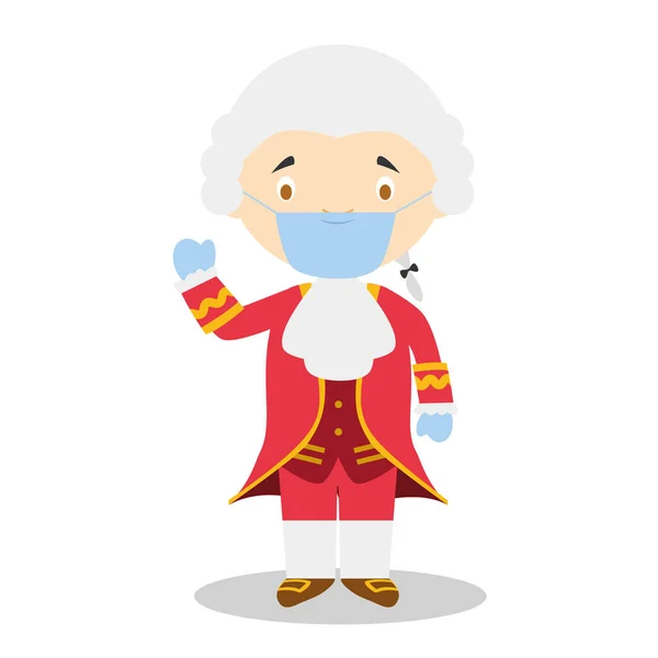 Wolfgang Amadeus Mozart Personaje Dibujos Animados Con Máscara Quirúrgica Guantes — Vector de stock