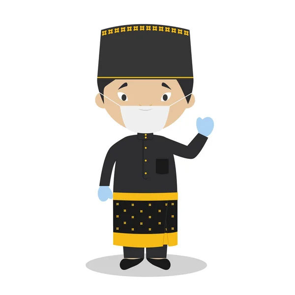 Karakter Dari Brunei Berpakaian Tradisional Dan Dengan Masker Bedah Dan - Stok Vektor