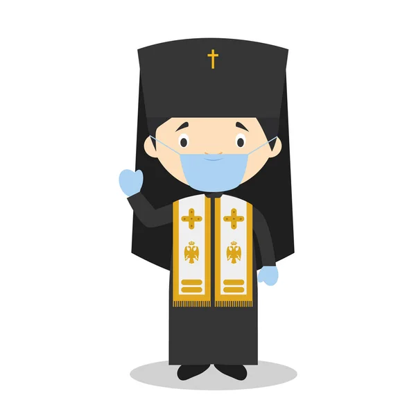 Orthodox Patriarch Stripfiguur Met Chirurgisch Masker Latex Handschoenen Als Bescherming — Stockvector