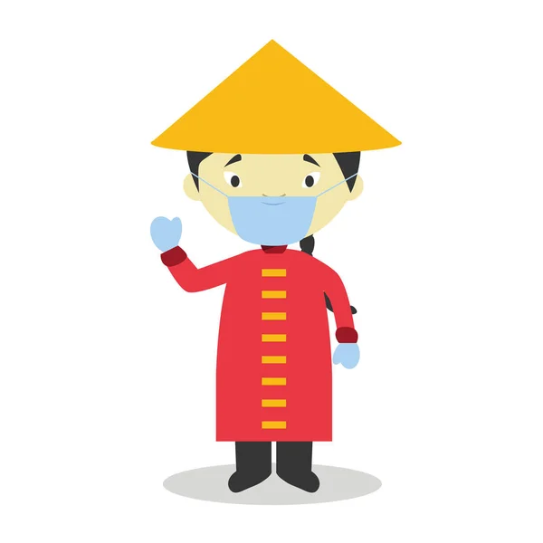 Personaje China Vestido Manera Tradicional Con Máscara Quirúrgica Guantes Látex — Vector de stock