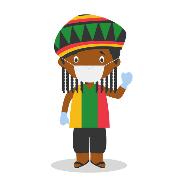 Character from Jamaica dressed in the traditional way with dreadlocks and with surgical mask and latex gloves as protection against a health emergency