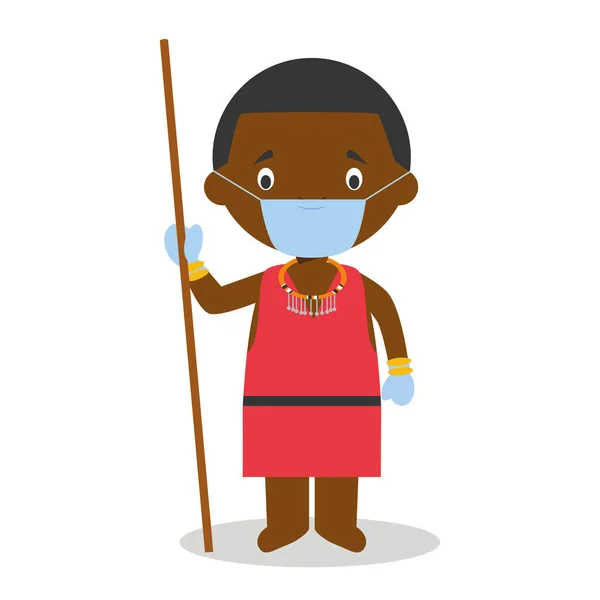 Характер Кенії Одягнений Традиційний Спосіб Племені Масаї Хірургічною Маскою Рукавичками — стоковий вектор