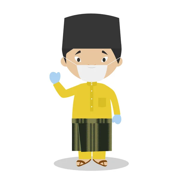 Характер Малайзії Одягнений Традиційний Спосіб Хірургічною Маскою Рукавичками Латексу Захист — стоковий вектор