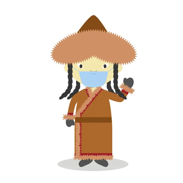 Karakter Dari Mongolia Berpakaian Tradisional Dan Dengan Masker Bedah Dan - Stok Vektor