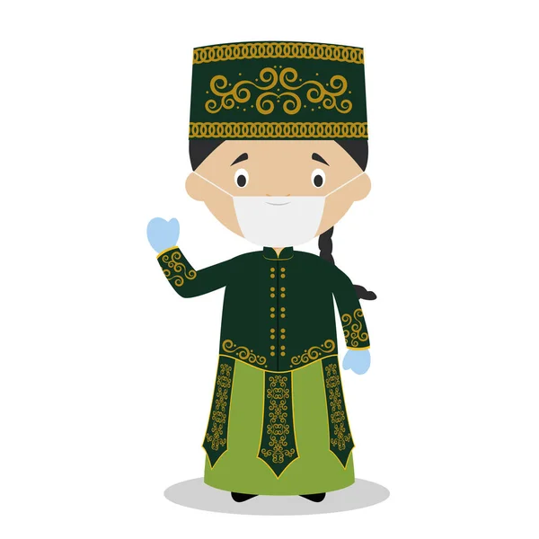 从乌兹别克斯坦来的角色 身穿传统服装 戴着外科口罩和乳胶手套 作为对健康紧急情况的保护 — 图库矢量图片