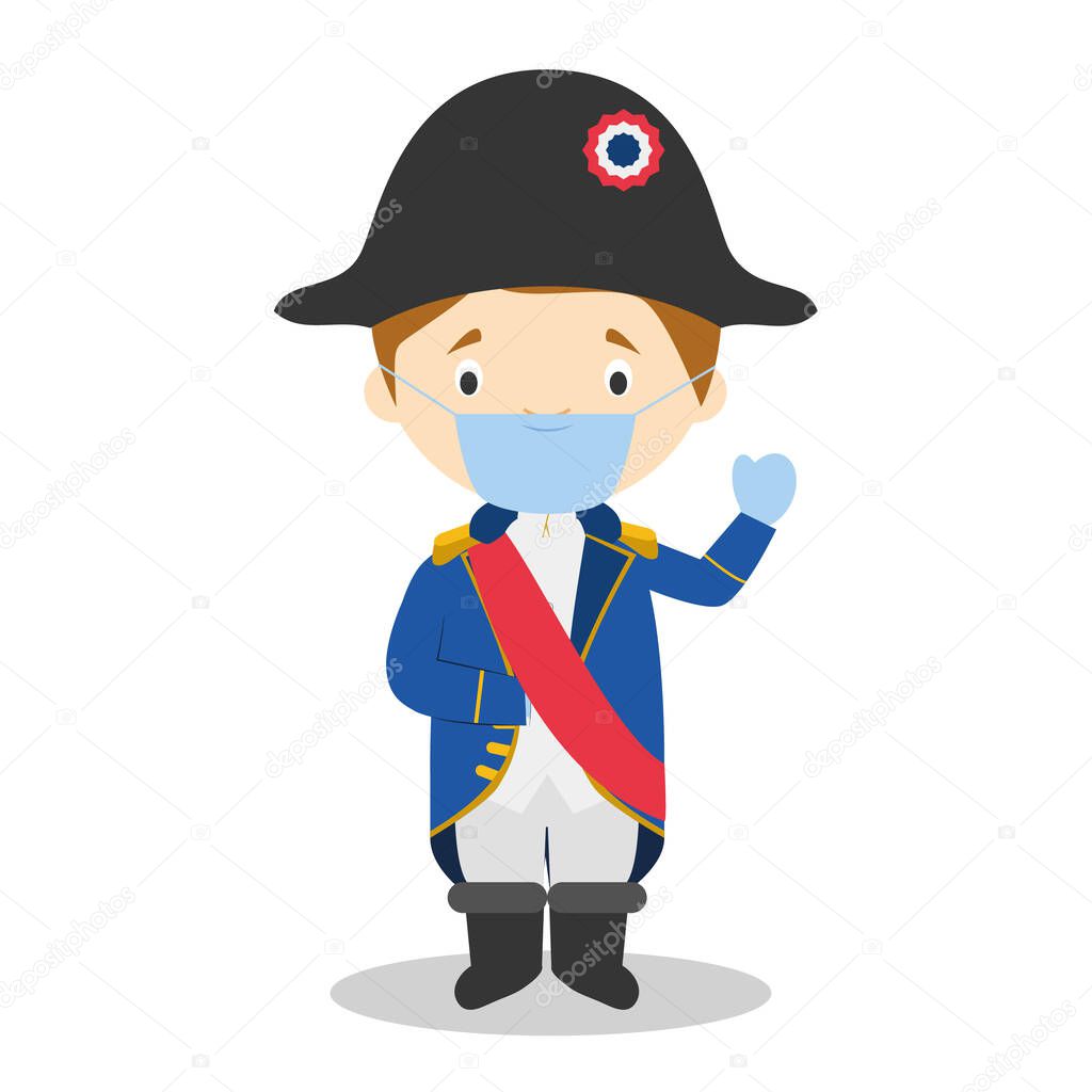 Napoleon Bonaparte cartoon character with surgical mask and latex gloves as protection against a health emergency