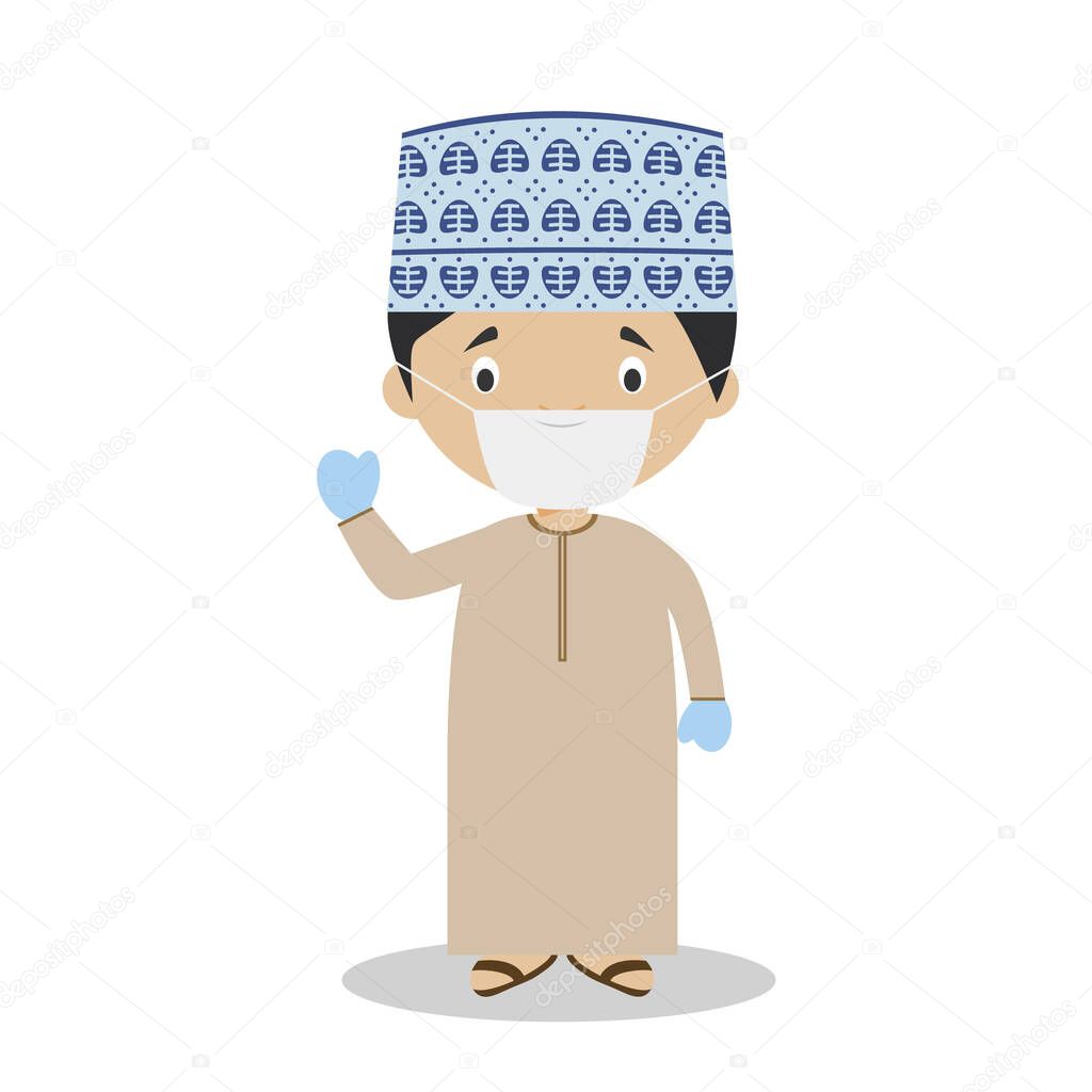 Character from Oman dressed in the traditional way and with surgical mask and latex gloves as protection against a health emergency