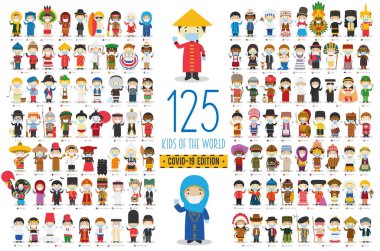 Covid 19 Health Emergency Special Edition: Set of 125 Kids of the World of different nationalities with surgical masks and latex gloves in cartoon style. clipart