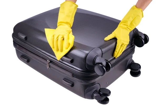 Hands Yellow Rubber Gloves Clear Black Suitcase Yellow Sponge — Stock Photo, Image