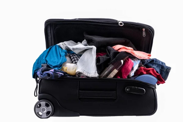 Messy Suitcase Full Clothes Accessories Vacation Isolated White Background — Stock Photo, Image