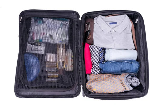 Csomagolás Bőrönd Menni Nyaralni Elszigetelt Fehér Háttér Ajánlások Bőröndök Csomagolásához — Stock Fotó