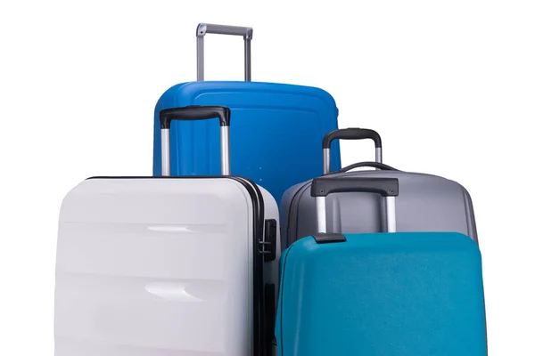 Four Suitcases White Gray Turquoise Blue Isolated White Background — Stock Photo, Image