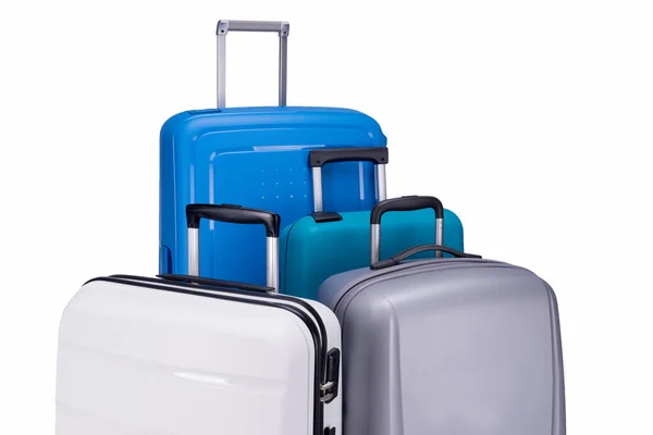 Vier Koffers Wit Grijs Turkoois Blauw Geïsoleerd Witte Achtergrond — Stockfoto