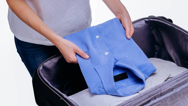 Woman Packing Clothes Travel Bag Vacation — Stock Photo, Image