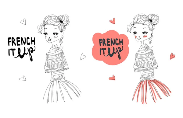 Francese It Up Fashion Illustration Set con carina ragazza francese — Vettoriale Stock