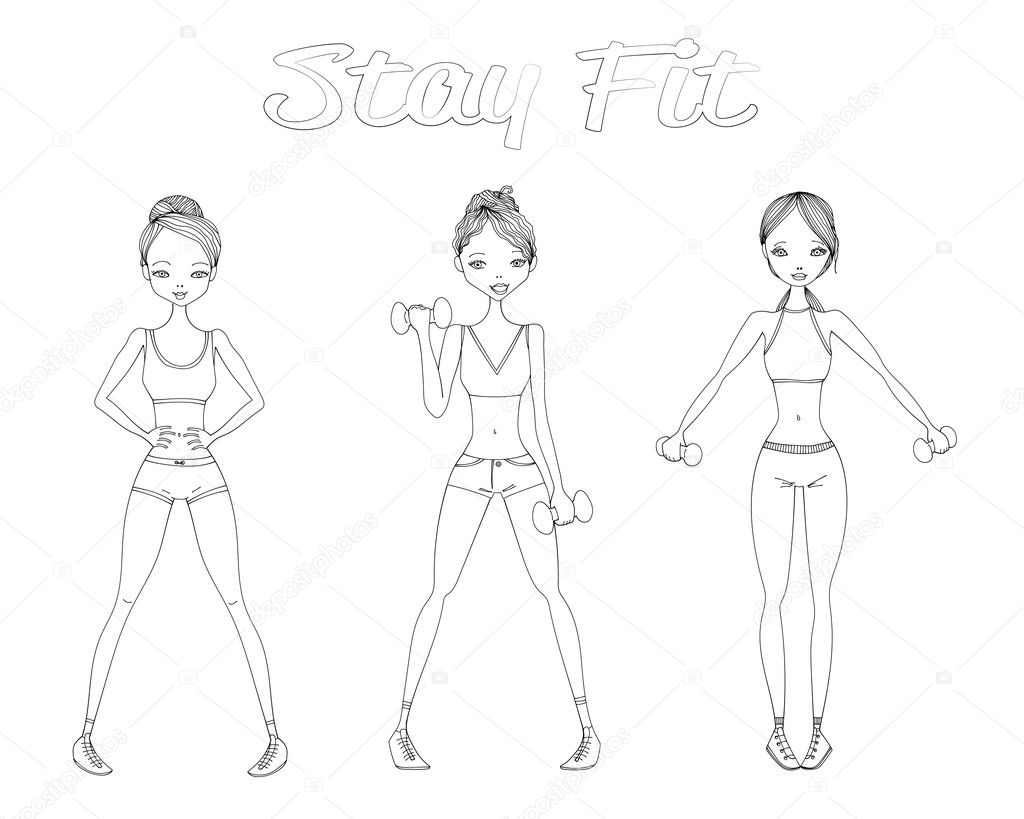 Sketch Stay Fit Vector People Set Illustration with Beautiful Girls