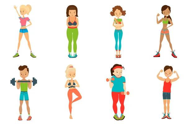 Flachen gesunden Lebensstil Vektor Menschen setzen Illustration: Frauen und Männer — Stockvektor