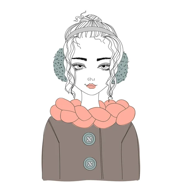 Ilustração de moda com jovem menina bonita vestindo roupas quentes de inverno —  Vetores de Stock