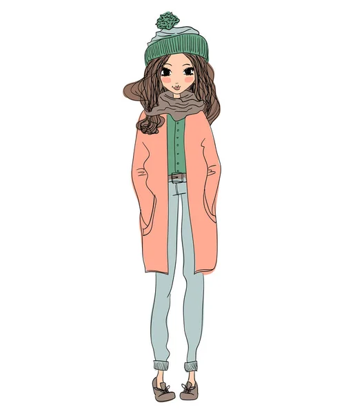 Mignon hiver illustration avec jeune belle fille portant des vêtements chauds — Image vectorielle