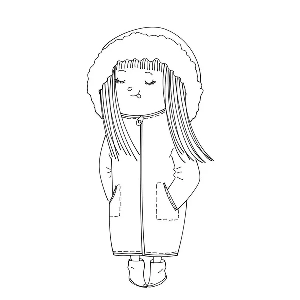 Isolato carino abbozzato ragazza indossare caldi vestiti invernali — Vettoriale Stock