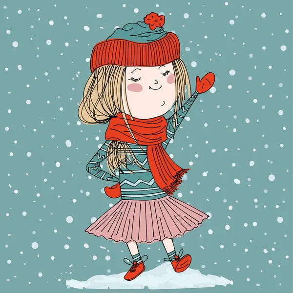 Menina bonito vestindo roupas quentes de inverno. desenhos animados fundo de inverno — Vetor de Stock