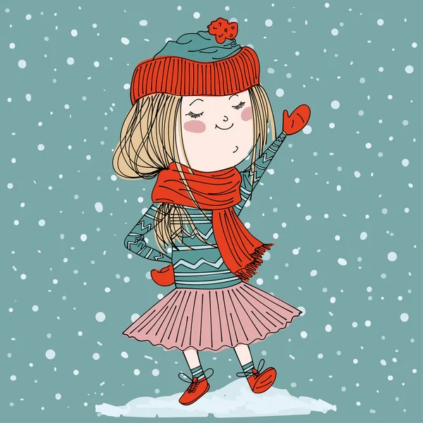 Cute girl wearing warm winter clothes. cartoon winter background — Stock Vector